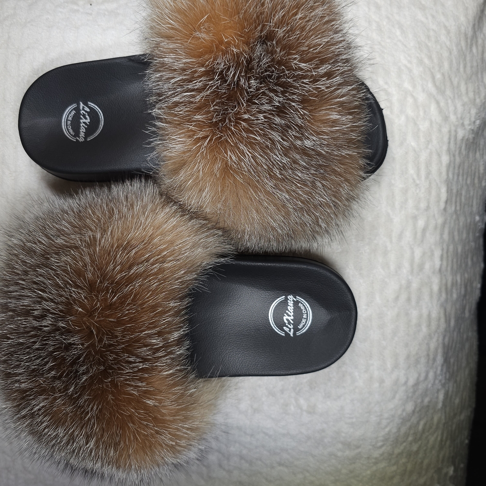 REAL Luxurious Black and Brown Fox Fur Slides